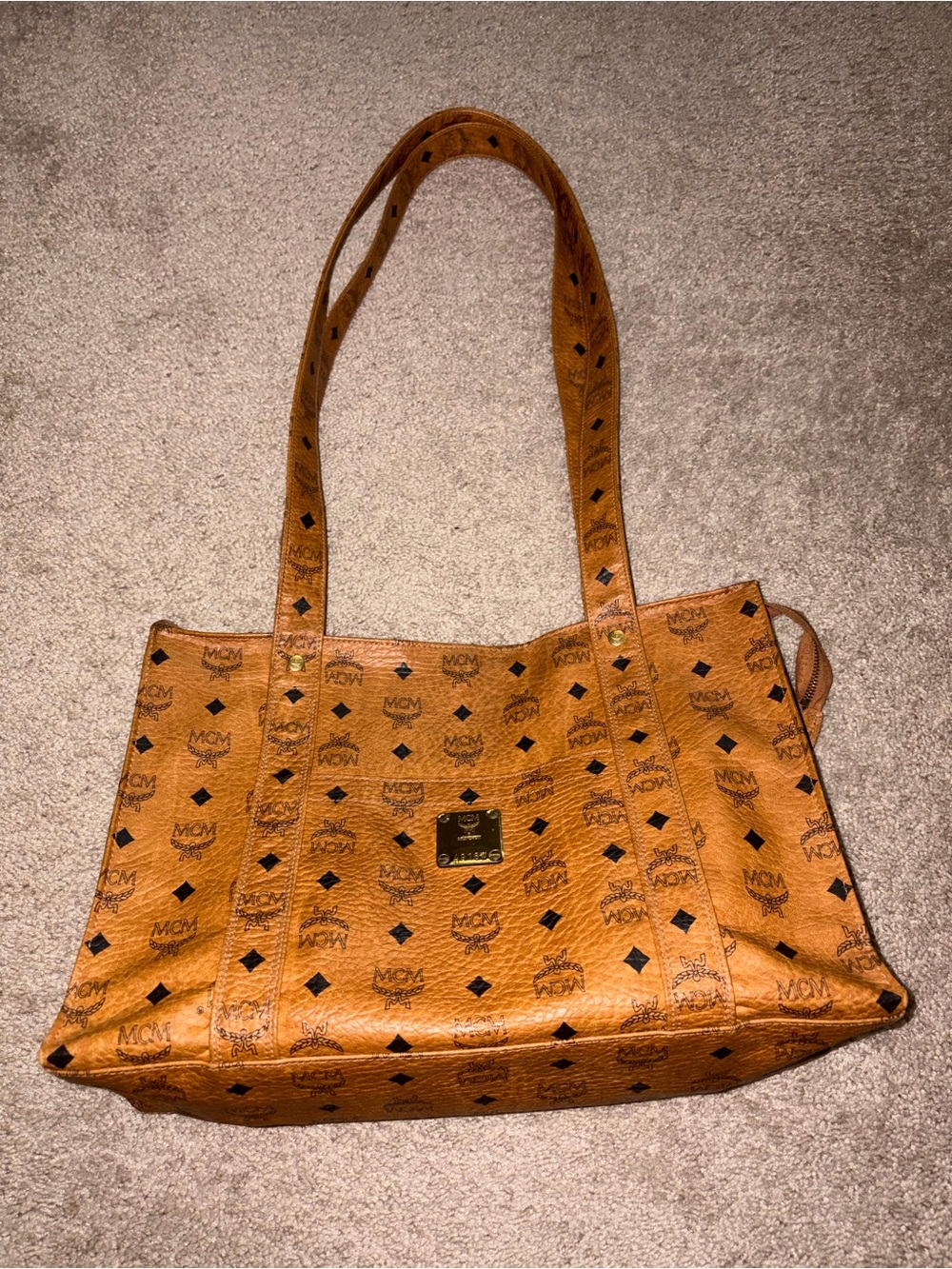 Authentic MCM Cognac Visetos Shopper Tote - Cognac Leather Shoulder Bag